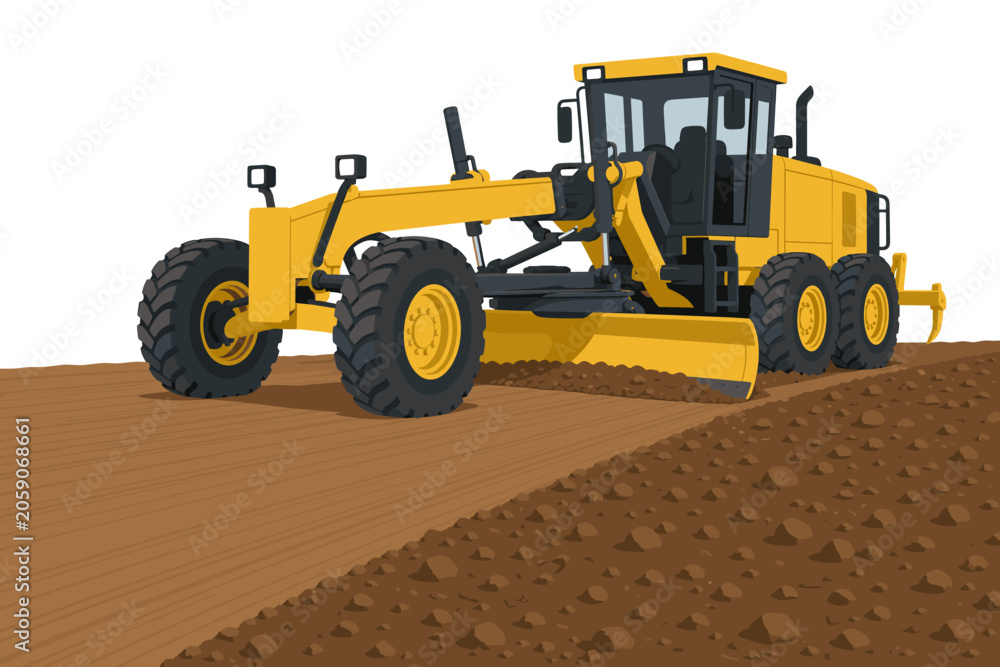 Fototapeta premium Yellow motor grader heavy construction machinery vehicle leveling dirt and soil on a road construction site vector illustration
