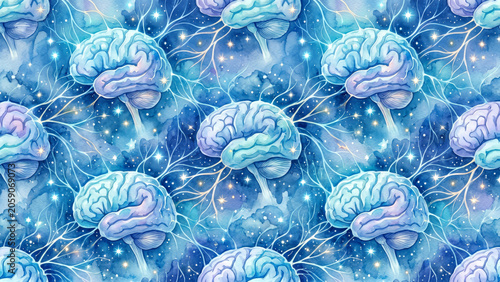 flowing watercolor brain anatomy pattern with glowing stars and nerve pathways ethereal blue tones mental wellness neurology concept gentle fluid brushstrokes repeating background