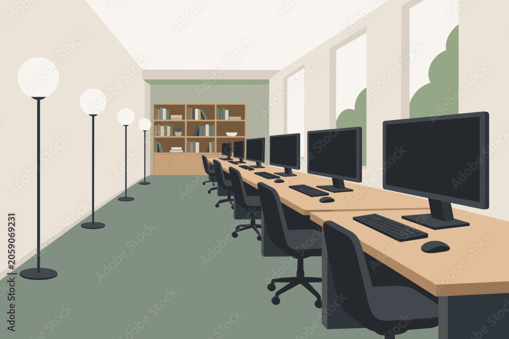 Fototapeta premium Modern computer lab with rows of desks, desktop computers, office chairs, and floor lamps in a clean workspace illustration