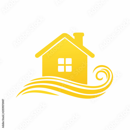 Yellow House Icon with Swirling Waves