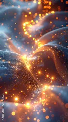 A vibrant abstract artwork featuring glowing orange dots on a dark blue background with swirling patterns