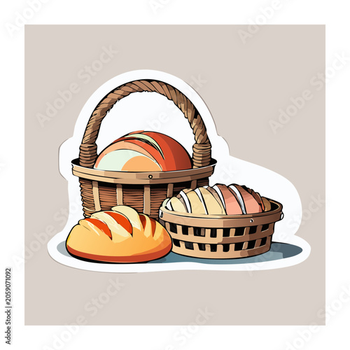 Cartoon Illustration of Bread in Woven Baskets