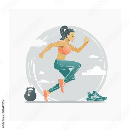 Flat vector illustration of a woman running with kettlebell