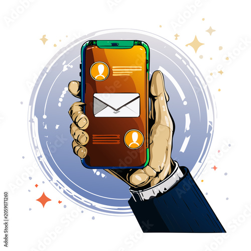 Hand holding smartphone with email app interface