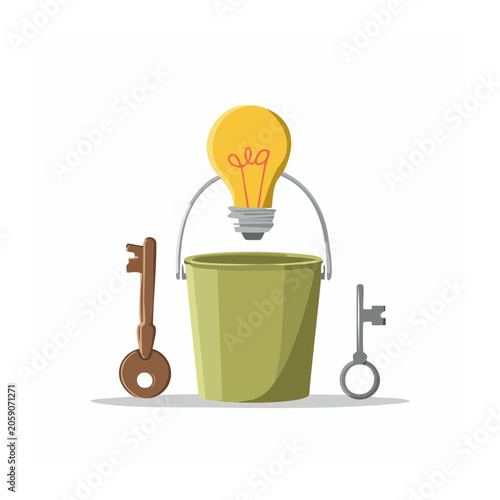 Light bulb over green bucket with keys illustration