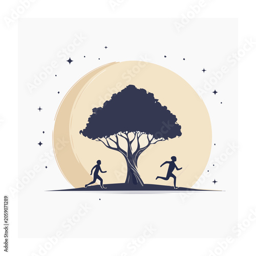 Minimalist illustration of tree with running figures under moon