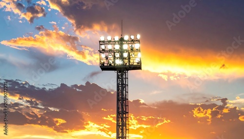 A tall stadium light tower with glowing lights against a vibrant orange and blue sunset sky