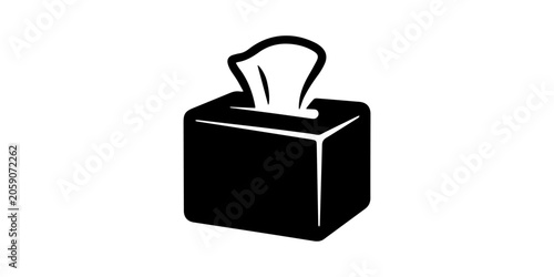 A set of two black silhouette tissue boxes, one with a tissue protruding from the opening and one with the lid closed. This vector graphic is ideal for designs related to health, hygiene, and home car