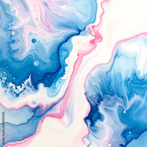 A vibrant abstract artwork featuring swirling blue, pink, and white hues