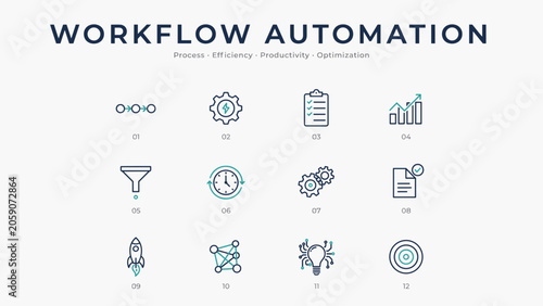 Workflow automation and process efficiency icons – Suitable for software integration guides, robotic process automation logs, or tech consultancy.