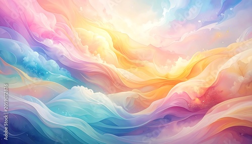 A vibrant abstract artwork featuring swirling clouds in pastel rainbow hues