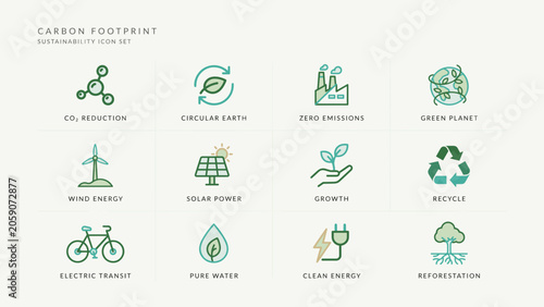 Climate responsibility and carbon reduction icon collection – Suitable for carbon tracking platforms, environmental activism, or green energy guides.