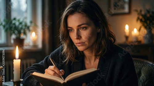 Young woman writing in journal by candlelight in living room
