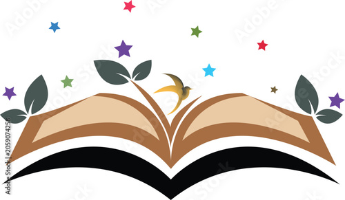 Creative vector logo design of an open book with growing leaves and colorful stars