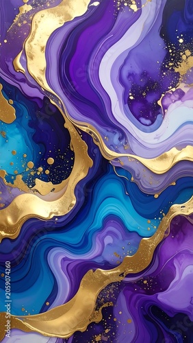 A vibrant abstract artwork featuring swirling purple, blue, and gold paint