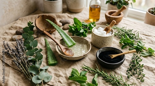 Fresh herbal ingredients arranged on linen for natural cooking and wellness