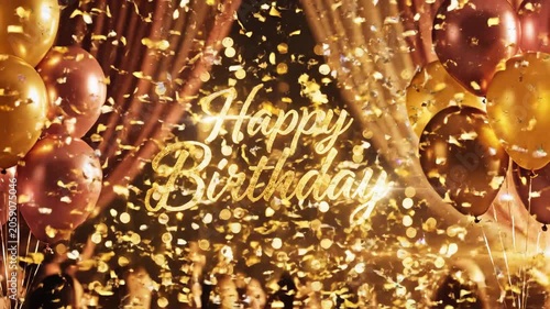 Colorful birthday celebration scene with golden confetti falling, balloons in shades of gold and pink, and a vibrant 