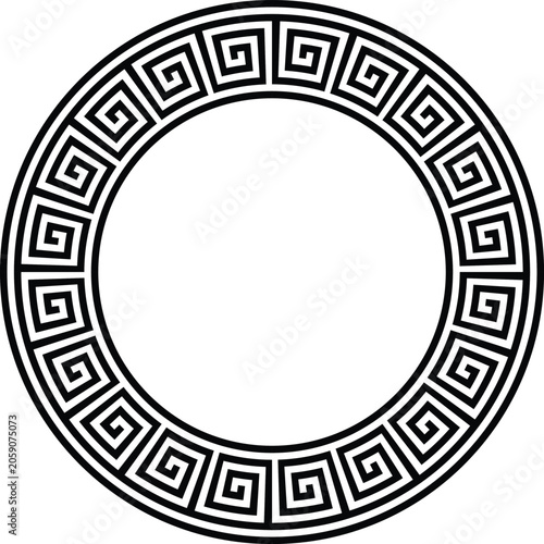 Black and white greek key pattern circular border design isolated on white background