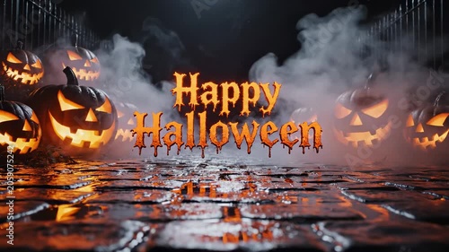 Halloween scene with glowing jack-o'-lanterns and spooky fog on cobblestone path, featuring illuminated text saying Happy Halloween in a dark, eerie atmosphere