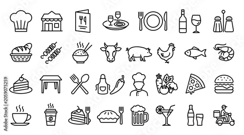 Set of outline food and drink icons including chef, restaurant, utensils, meat, seafood, dessert, beverages, and delivery on transparent background