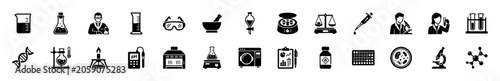 Foto Collection of black laboratory science icons including beakers, test tubes, scie