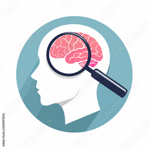 Magnifying Glass Over Human Brain Inside Head Silhouette
