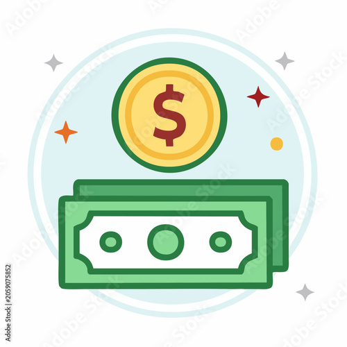 Money Icon with Dollar Coin and Banknotes