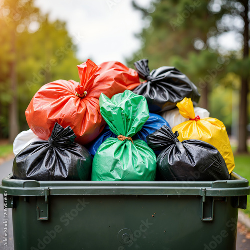 Colorful garbage bags piled in a green waste bin outdoors  