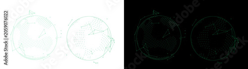 Abstract green digital globe constructed from connected dots and lines showing a futuristic network structure rendered on transparent background
