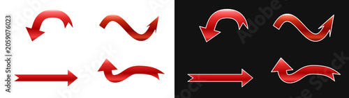 A collection of vibrant red curved arrow icons featuring a sleek glossy finish and sharp edges on transparent background