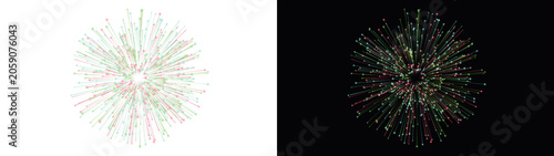 Vibrant abstract firework explosion featuring glowing lines and colorful particles radiating outwards in a circular pattern on transparent background