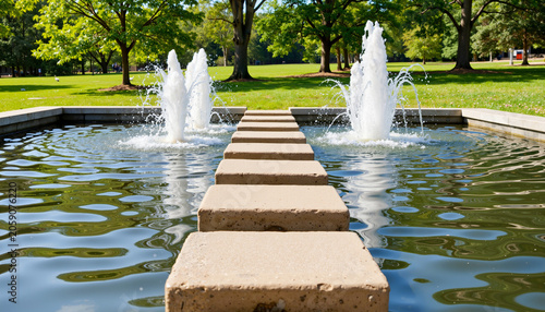 Water fountains with stone path in park under bright sunlight  