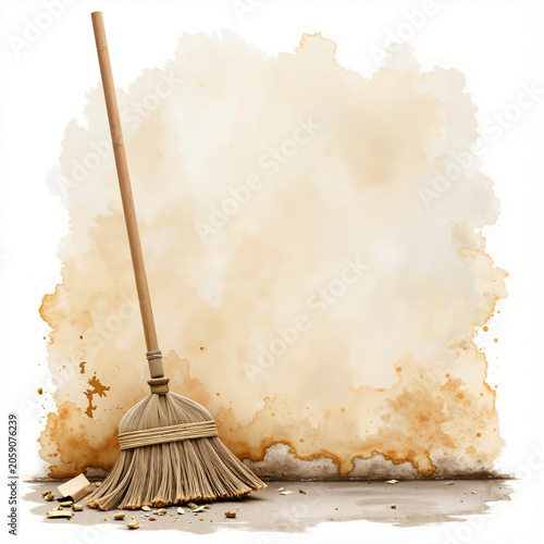 Broom leaning against wall with dust and debris on the floor  