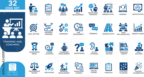 Training and coachingVector illustration Fill editable Icons set. featuring mentor, workshop, online course, and leadership symbols. Professional icons for business education and personal growth. 