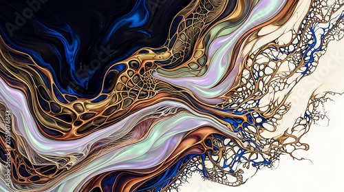 Abstract Fluid Art Gold Veins Blue Black Pearlescent Texture