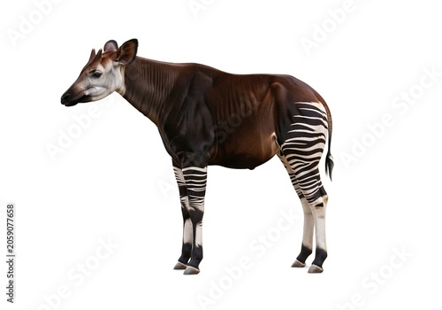 Okapi, okapia johnstoni, a giraffid artiodactyl mammal native to the ituri forest in the democratic republic of the congo, isolated on white background