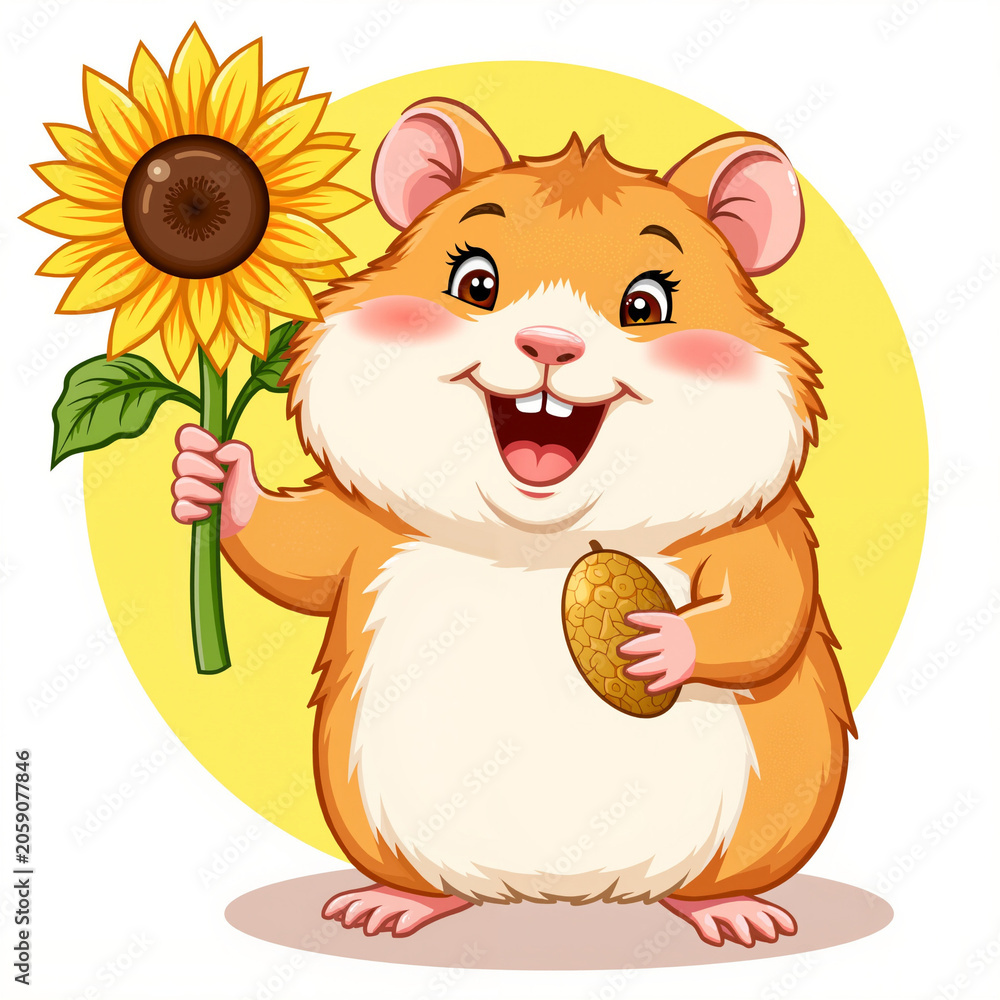 Obraz premium Cute hamster holding sunflower and seed with a happy expression