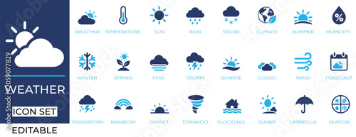 Weather Forecast Icon Set. Editable vectors for temperature, climate, rain, clouds, wind, storms, seasons, humidity, tornadoes, and sunshine.
