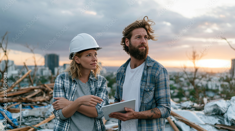 Fototapeta premium A man and woman discussing plans at a construction site during sunset.