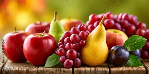 Fresh autumn fruit harvest on wooden table