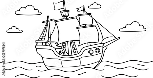 Quadro su tela Vintage sailing ship coloring page black and white illustration for kids and adu