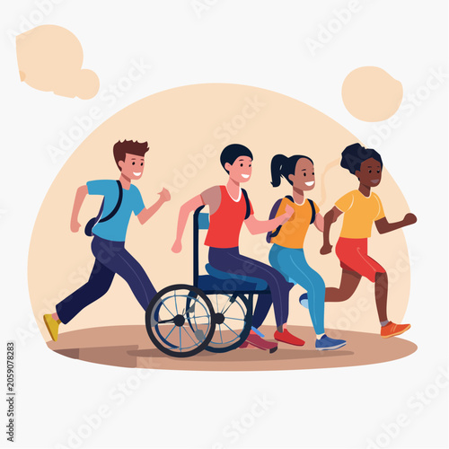 Diverse group of children running together, one in a wheelchair