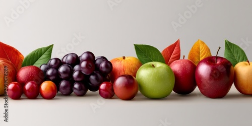 Autumn harvest displaying fresh apples, plums, grapes and leaves
