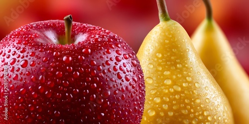 Red apple and yellow pears with water drops