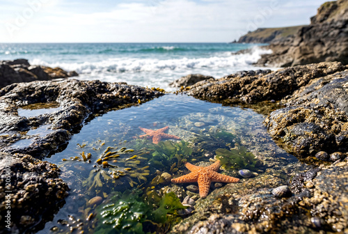 Crystal Clear Coastal Rock Pool with Starfish and Seaweed