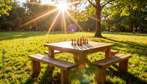 Chess pieces on wooden table in sunny park surrounded by greenery  