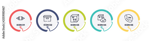 logistics delivery outline icon set featuring clamp as indicated, cardboard box with lid, cardboard box with fragile items, flammable box icons.
