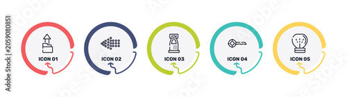 Foto seo and online marketing outline icon set featuring upload folder, left dots arrow, atm hine, keywords icons