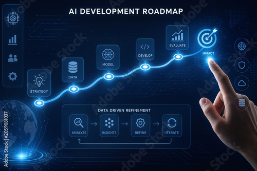 AI development roadmap touch interface with strategy data model evaluate impact and data driven refinement for digital transformation and AI development strategy presentation