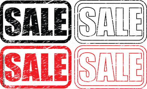 Four sale stamps in black and red on isolated white background